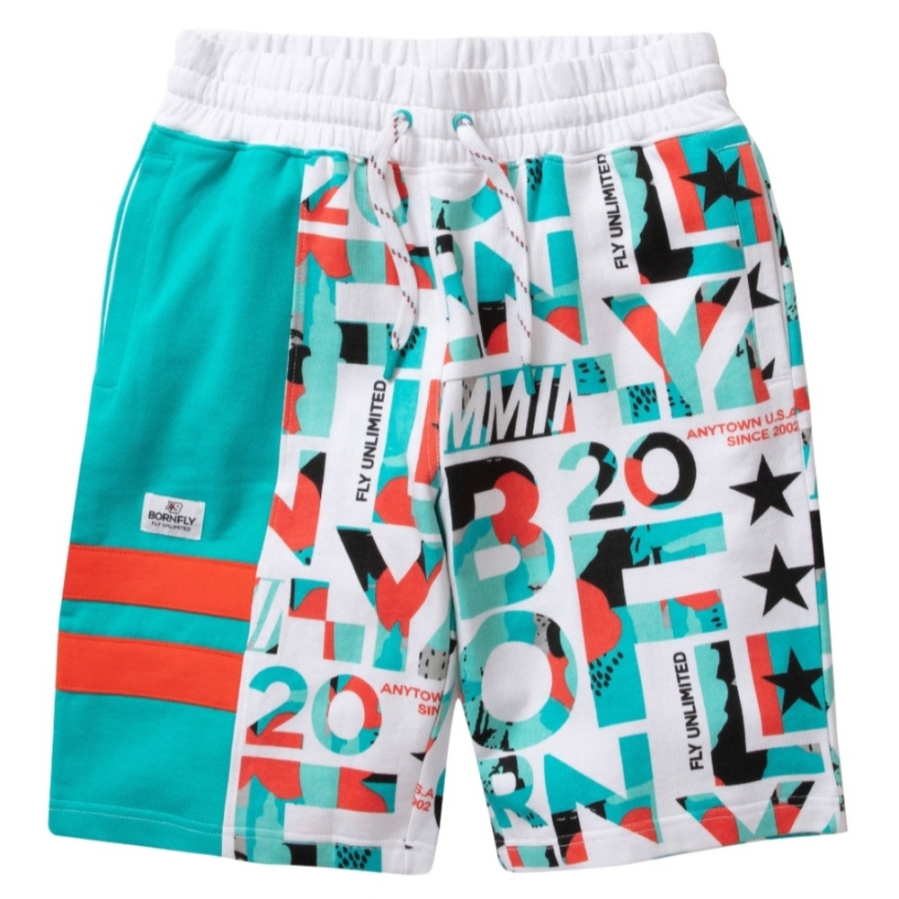 BORNFLY Graphic Print Shorts - Teal and White
